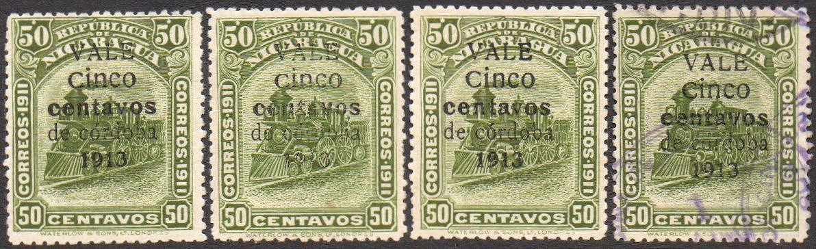 Nicaragua stamps 1913 surcharges Locomotive 5c/50c types